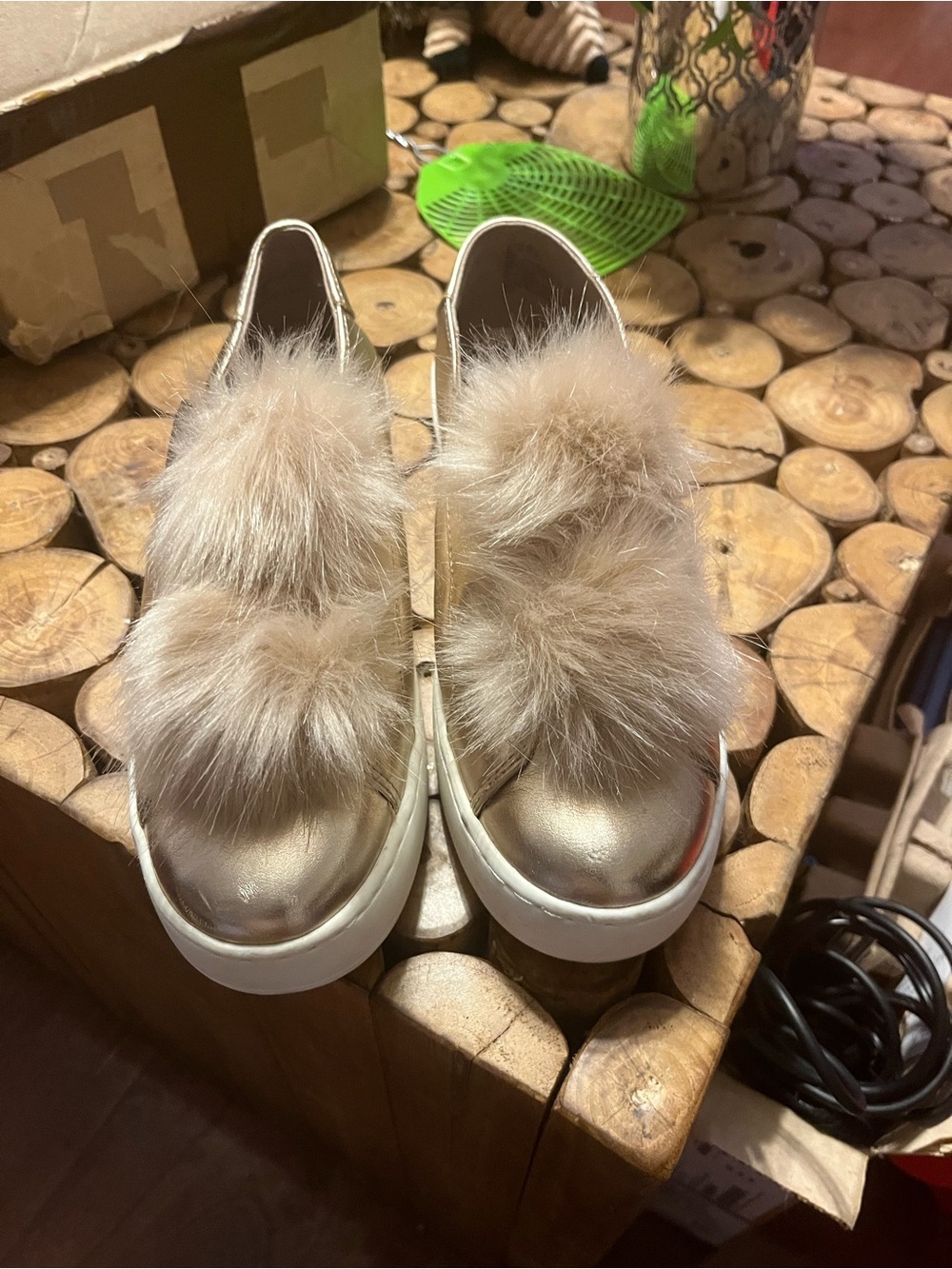 Steve Madden Metallic Gold Slip-On Sneakers with Beige Faux Fur Poms